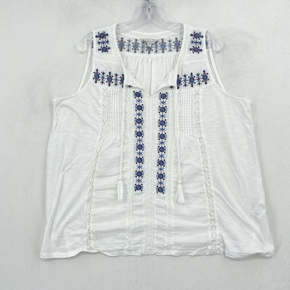 Lucky Brand Tank Top Plus Size 1X White Blue Floral Embroidered Tasseled Boho